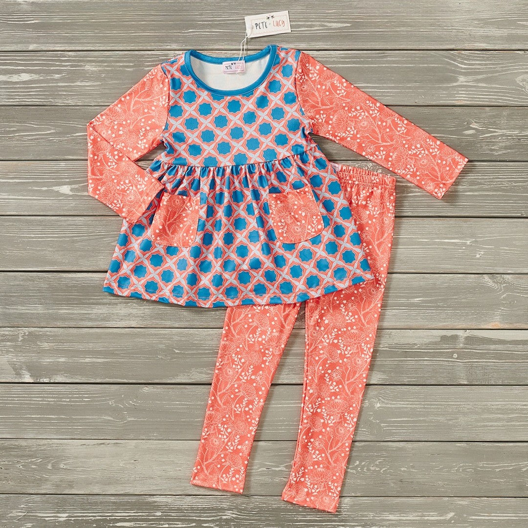 TEAL AND ORANGE MEDLEY GIRLS PANT SET