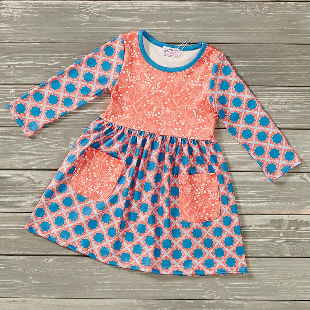 TEAL AND ORANGE MEDLEY GIRLS DRESS